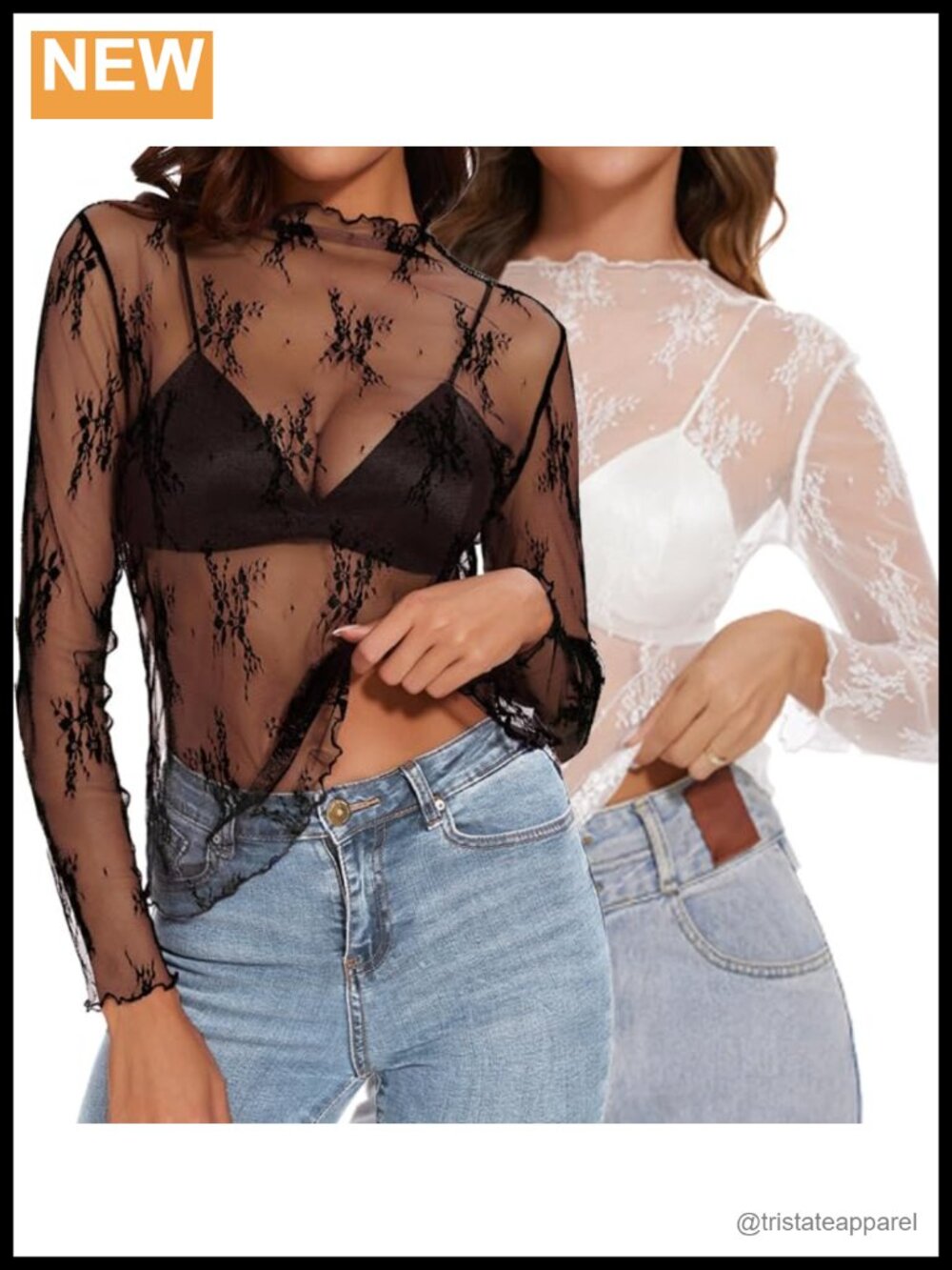 Women's Lace Mesh Long Sleeve Top Sheer Floral Blouse Mock Neck